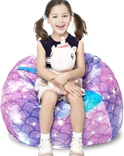 Stuffed Animal Storage Bean Bag Chair Cover, Hold Kids Plush Toys Blankets Towels Beanbag (Cover Only), Canvas Floor Circle Stuff Sit Seat Sofa with YKK Zipper, Large 32", Classic Mermaid - LeafyLoom