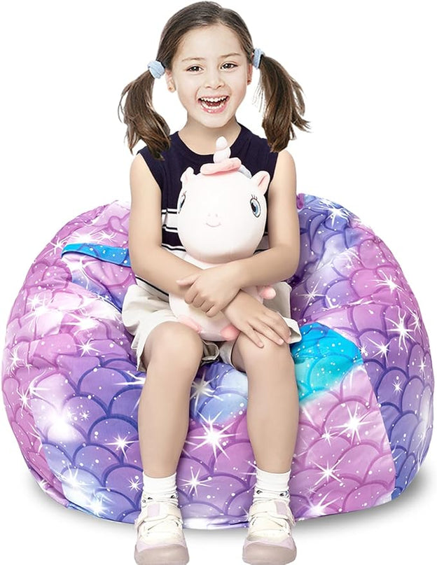 Stuffed Animal Storage Bean Bag Chair Cover, Hold Kids Plush Toys Blankets Towels Beanbag (Cover Only), Canvas Floor Circle Stuff Sit Seat Sofa with YKK Zipper, Large 32", Classic Mermaid - LeafyLoom