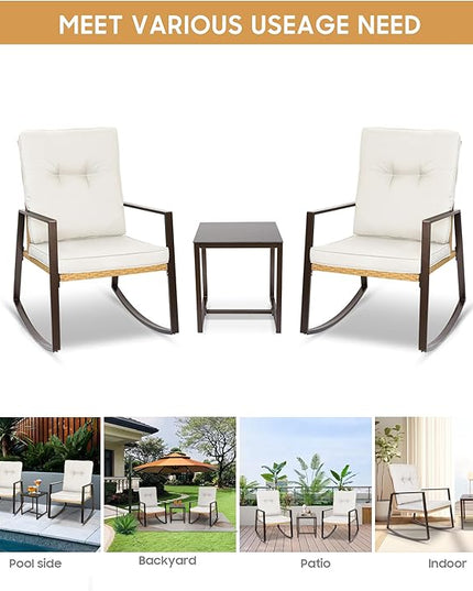YIYAN 3 Pieces Patio Bistro Set Outdoor Rattan Wicker Rocking Chairs Set,Patio Outdoor Furniture Conversation Sets with Sofa Chairs,Glass Coffee Table and Washable cushion (Light Beige) - LeafyLoom
