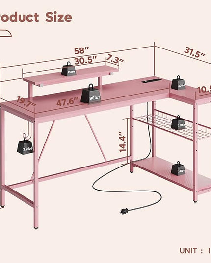 Bestier L Shaped Gaming Desk with Power Outlets,58 LED Small Corner Desk with Reversible Storage Shelves,Pink Computer Desk with Headset Hooks Desk for Living Room and Dormitory - LeafyLoom