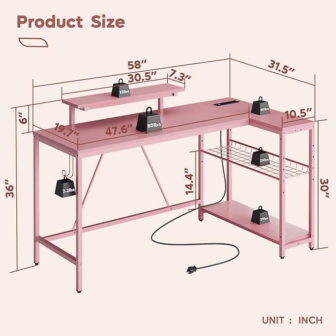 Bestier L Shaped Gaming Desk with Power Outlets,58 LED Small Corner Desk with Reversible Storage Shelves,Pink Computer Desk with Headset Hooks Desk for Living Room and Dormitory - LeafyLoom