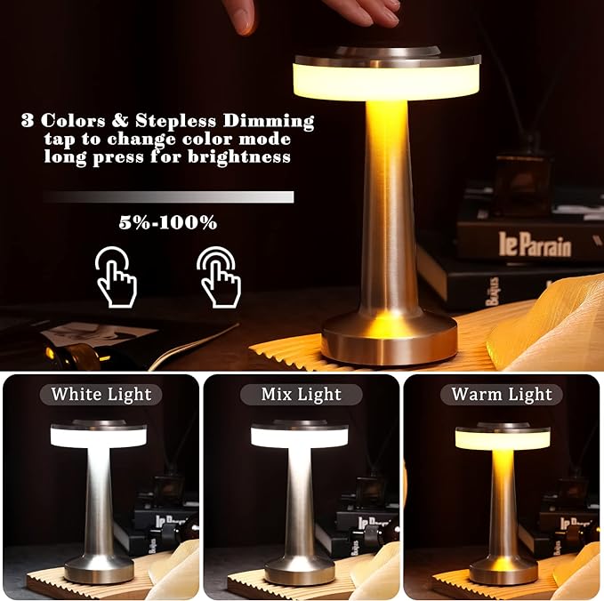 Set of 8 LED Portable Cordless Table Lamp with Touch Sensor 3 Color Stepless Dimming Rechargeable Battery up to 15 Hours Cordless Lamp Table Light Wireless Lamp for Kids Nursery (Silver) - LeafyLoom