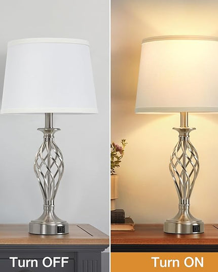 Table Lamp for Bedroom Set of 2 with USB C+A Ports, Modern Bedside Lamps with Spiral Cage Base, White Fabric Shade, Nightstand Lamp for Living Room Reading Bed Side End Table, 2 LED Bulbs Included - LeafyLoom