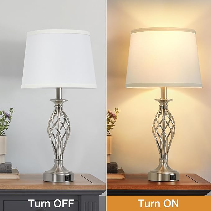 Table Lamp for Bedroom Set of 2 with USB C+A Ports, Modern Bedside Lamps with Spiral Cage Base, White Fabric Shade, Nightstand Lamp for Living Room Reading Bed Side End Table, 2 LED Bulbs Included - LeafyLoom