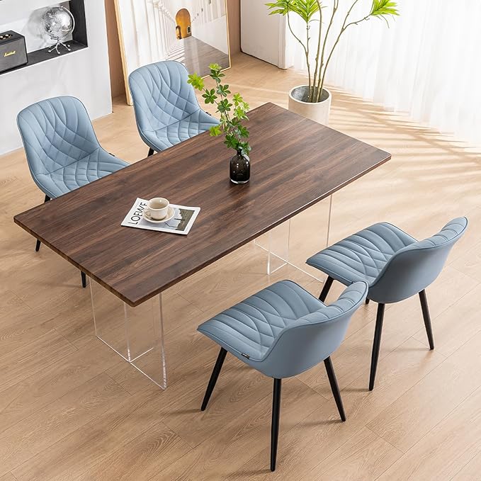 YOUNUOKE Dining Chairs Set of 2 Mid Century Modern Kitchen Chair Comfortable Upholstered Faux Leather Dinner Chairs for Kitchen Dining Room, Blue - LeafyLoom