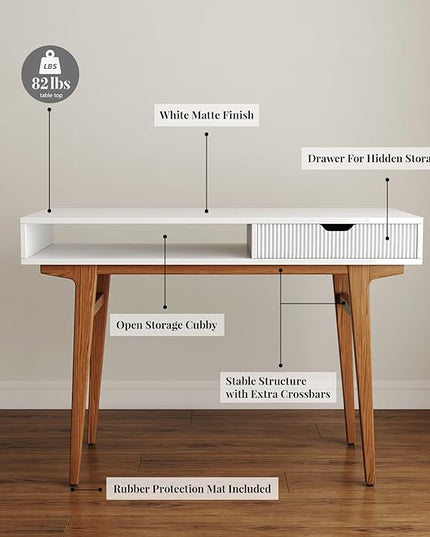 White Computer Desk with Drawers - 45 inch Minimalist Small Solid Wood Mid-Century Modern Office Desk for Home - Boho Style Writing Table with Open Storage,Light Wooden Desk Workspace - LeafyLoom