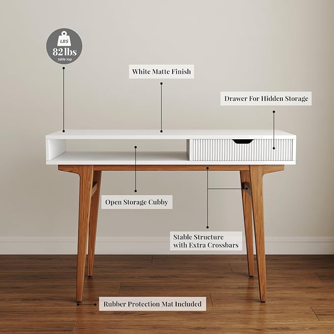 White Computer Desk with Drawers - 45 inch Minimalist Small Solid Wood Mid-Century Modern Office Desk for Home - Boho Style Writing Table with Open Storage,Light Wooden Desk Workspace - LeafyLoom