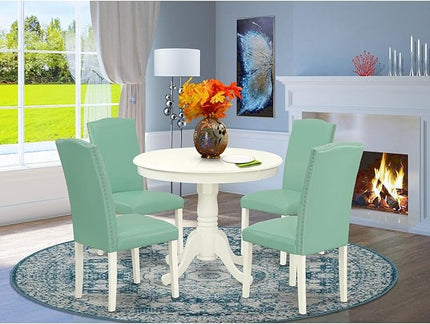 East West Furniture ANEN5-LWH-57 Antique 5 Piece Room Set Includes a Round Kitchen Table with Pedestal and 4 Pond Faux Leather Parsons Dining Chairs, 36x36 Inch - LeafyLoom