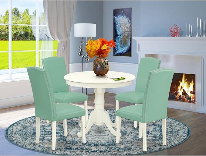 East West Furniture ANEN5-LWH-57 Antique 5 Piece Room Set Includes a Round Kitchen Table with Pedestal and 4 Pond Faux Leather Parsons Dining Chairs, 36x36 Inch - LeafyLoom