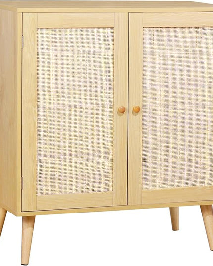 Sideboard Buffet Cabinet with Storage, Kitchen Storage Cabinet with Rattan Doors, Rattan Cabinet with Adjustable Shelves for Hallway, Living Room, 31.5 x 15.7 x 35 Natural, Assemble Easily - LeafyLoom