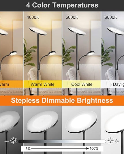 OUTON LED Floor Lamp, 27W/2400LM Modern Torchiere Lamp & 7W/ 400LM Reading Lamp, Bright Dimmable Standing Tall Lamp with 4 Color Temperature, Remote Touch Control for Living Room Bedroom Office, Black - LeafyLoom