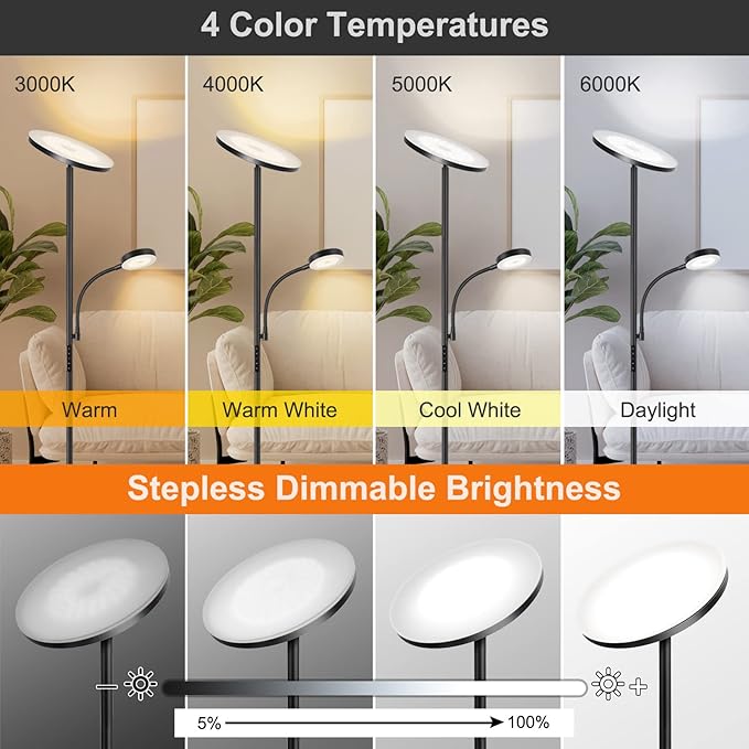 OUTON LED Floor Lamp, 27W/2400LM Modern Torchiere Lamp & 7W/ 400LM Reading Lamp, Bright Dimmable Standing Tall Lamp with 4 Color Temperature, Remote Touch Control for Living Room Bedroom Office, Black - LeafyLoom