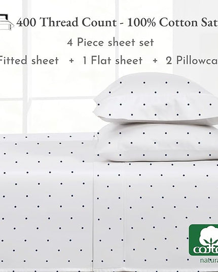 California Design Den Polka Dot Sheets Softest 100% Cotton Sheets for King Size Bed, Luxury 400 Thread Count Sateen, 4 Piece Deep Pocket Printed Pattern (Polka Dot) - LeafyLoom