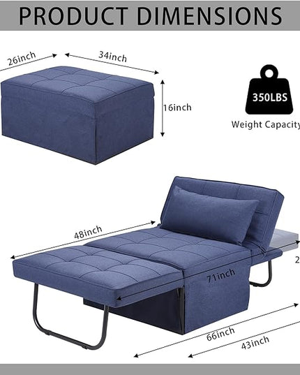 Sofa Bed, 4 in 1 Multi-Function Folding Ottoman Breathable Linen Couch Bed with Adjustable Backrest Modern Convertible Chair for Living Room Apartment Office,Blue - LeafyLoom