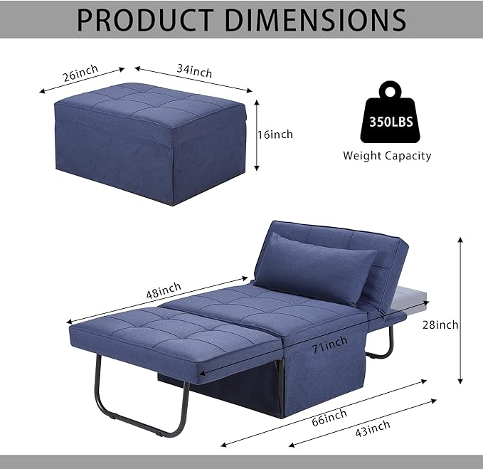 Sofa Bed, 4 in 1 Multi-Function Folding Ottoman Breathable Linen Couch Bed with Adjustable Backrest Modern Convertible Chair for Living Room Apartment Office,Blue - LeafyLoom