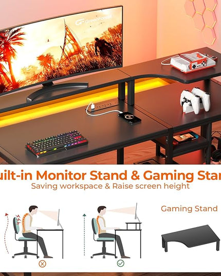 GreenForest 55 inch Computer Desk with Drawers and Outlets, Home Office Desk with Storage and Printer Shelf, Work Desk with Fabric File Drawer, Study Desk with Monitor Stand, Computer Table, Black - LeafyLoom