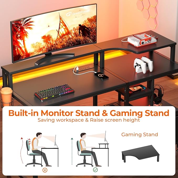 GreenForest 55 inch Computer Desk with Drawers and Outlets, Home Office Desk with Storage and Printer Shelf, Work Desk with Fabric File Drawer, Study Desk with Monitor Stand, Computer Table, Black - LeafyLoom