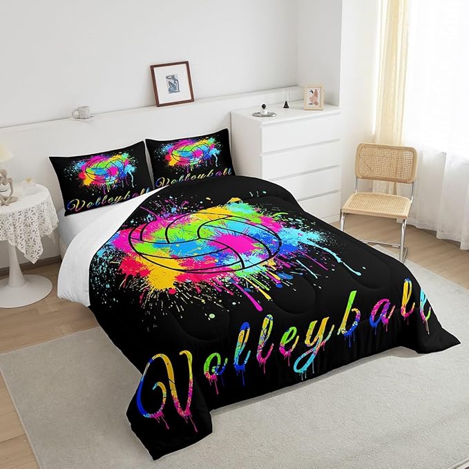 Kids Volleyball Comforter Set Full Size Sports Game Bedding Set for Boys Girls Teens Bedroom Decor Tie Dye Comforter Women Men Volleyball Player Duvet Set with 2 Pillow Case - LeafyLoom