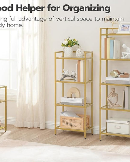 HOOBRO 5-Tier Gold Bookcase, Tempered Glass Bookshelves, Slim Shelving Unit for Living Room, Narrow Bookshelf for Small Spaces, Storage Rack Display Shelf for Home Office, Gold GD45SJ01 - LeafyLoom