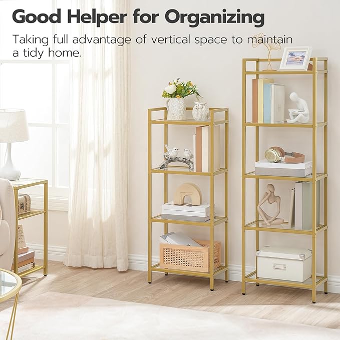 HOOBRO 5-Tier Gold Bookcase, Tempered Glass Bookshelves, Slim Shelving Unit for Living Room, Narrow Bookshelf for Small Spaces, Storage Rack Display Shelf for Home Office, Gold GD45SJ01 - LeafyLoom