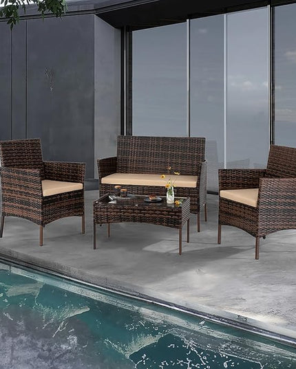 Outvita 4 Pieces Patio Furniture Set, Rattan Conversation Sets with Loveseat Soft Cushion and Glass Table for Garden Backyard Balcony Porch Poolside(Brown Gradient) - LeafyLoom