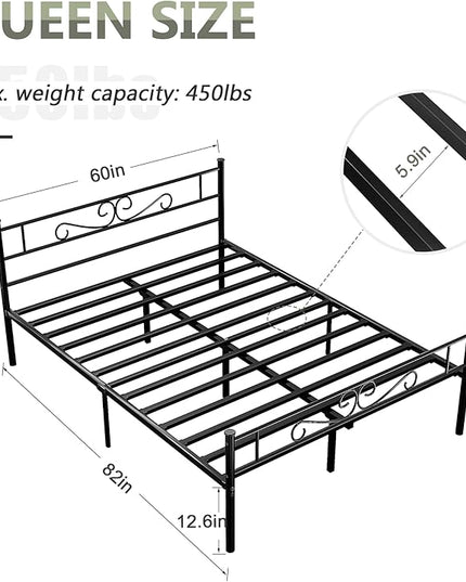 VECELO Queen Size Bed Frame with Headboard, 14 Inch Metal Platform Mattress Foundation, No Box Spring Needed, Squeak Resistant, Easy Assembly, Matte Black - LeafyLoom