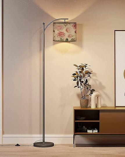 Modern Arc Floor Lamp with Dimmer Mid Century Set watercolor elements rose collection garden wild flowers leaves Metal Standing Lamp with Linen Shade Footswitch for Living Room Bedroom Office - LeafyLoom