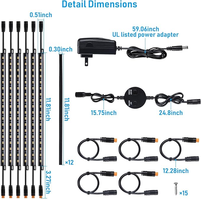TORCHSTAR LED Safe Lighting Kit 5CCT, Dimmable (6) 12 Inch Linkable Light Bars, 3000K/3500K/4000K/4500K/5000K Selectable, 900LM Safe Light Kit for Under Cabinet Gun Safe Closet, UL Power Adapter TORCHSTAR