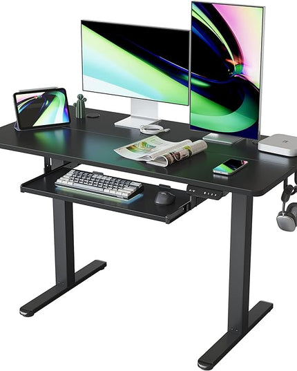 FEZIBO Standing Desk with Keyboard Tray, 48 × 24 Inches Electric Height Adjustable Desk, Sit Stand Up Desk, Computer Office Desk, Black - LeafyLoom
