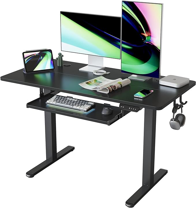 FEZIBO Standing Desk with Keyboard Tray, 48 × 24 Inches Electric Height Adjustable Desk, Sit Stand Up Desk, Computer Office Desk, Black - LeafyLoom