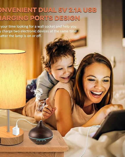 Table Lamps Set of 2 Touch Control, 2 USB Charging Ports&AC Outlet, 3-Way Dimmable Bedside Nightstand Lamp with Flaxen Fabric Shade and Wooden Base for Bedroom, 2-Pack A19 LED Bulbs Included - LeafyLoom