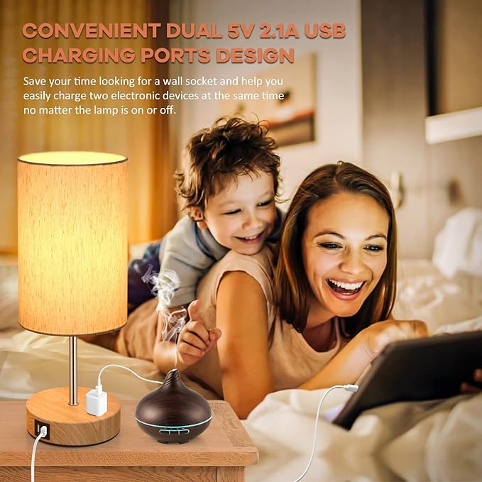 Table Lamps Set of 2 Touch Control, 2 USB Charging Ports&AC Outlet, 3-Way Dimmable Bedside Nightstand Lamp with Flaxen Fabric Shade and Wooden Base for Bedroom, 2-Pack A19 LED Bulbs Included - LeafyLoom