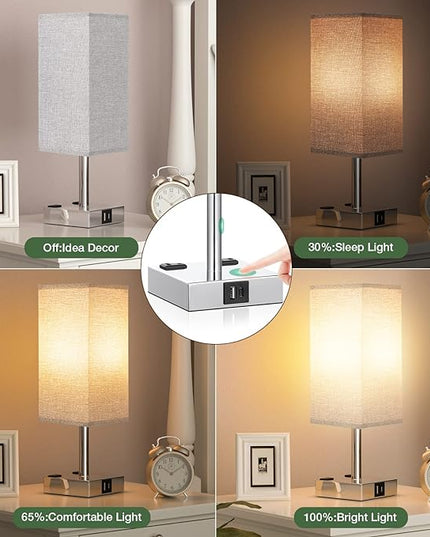 aooshine Gray Set of 2 Touch Lamp with USB Port-Nightstand Lamp with USB-C+A Charge Ports& AC Outlets, 3-Way Dimmable Bedside Lamp with Shade,Small Table Lamp for Bedroom Living Room(Bulb Included) - LeafyLoom
