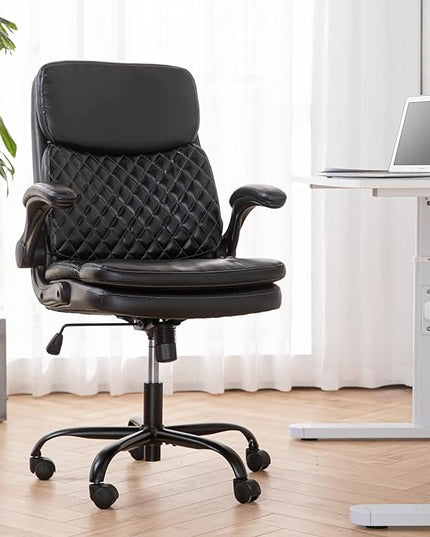 COLAMY Home Office Chair 275LBS Executive Leather OfficeChair with Padded Flip-up Arms, Adjustable Height and Tilt Lock, Tufted Black - LeafyLoom