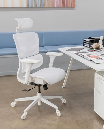 WELLNEW Prestige Ergonomic Office Chair - Height Adjustable Backrest Lumbar Support, Seat Depth Adjust, 3D Headrest, 4D Armrests, Blade Wheels, Mesh Computer Gaming Chairs Executive Swivel Chair - LeafyLoom