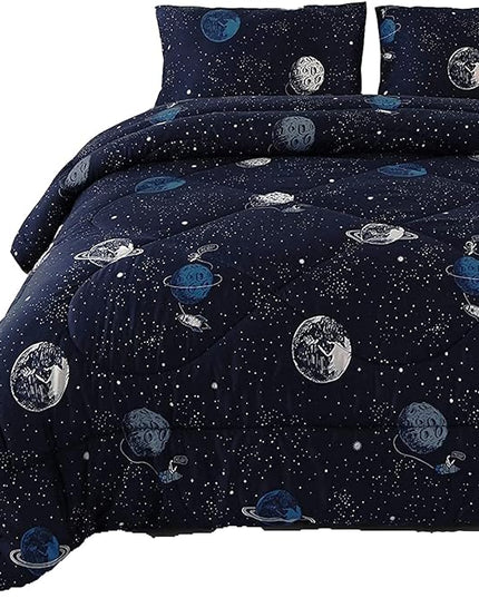 ENJOHOS Space Bedding Comforter Set Twin Size for College Boy, 3 Pieces Twin/Twin XL Galaxy Summer Bedding, Lightweight Soft Microfiber Universe Blanket Comforter, Dark Blue Comforter for Kid - LeafyLoom
