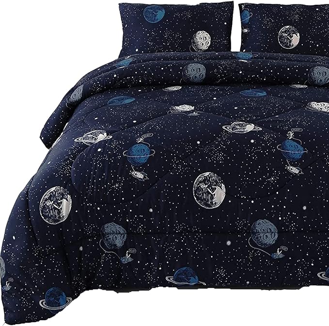 ENJOHOS Space Bedding Comforter Set Twin Size for College Boy, 3 Pieces Twin/Twin XL Galaxy Summer Bedding, Lightweight Soft Microfiber Universe Blanket Comforter, Dark Blue Comforter for Kid - LeafyLoom