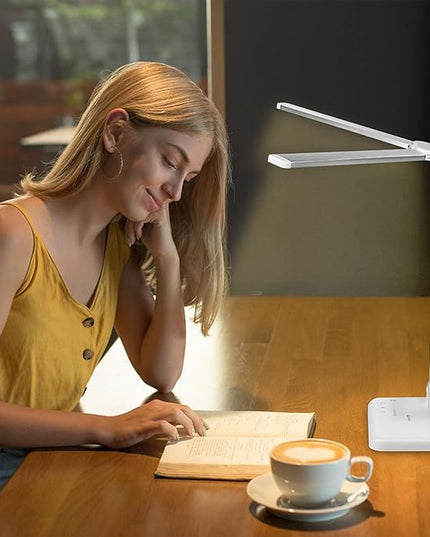 Qooltek LED Desk Lamp for Home Office, Touch Control Table Lamp with 5 Color Modes and Adjustable Brightness,Dual Swing Arm USB Charging Port Foldable Reading Light, Auto Timer, Silver White, 5W - LeafyLoom