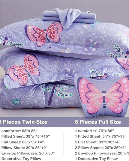 Mooreeke Bed in a Bag for Kids Girls Teens, 8 Pieces Full Size Comforter Bed Set with Shams, Sheet Set and Decorative Toy Pillow, Butterfly Purple Super Soft Microfiber Kids Comforter Bedding Set - LeafyLoom