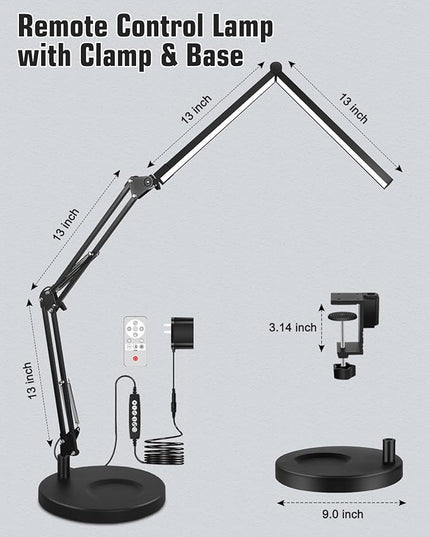 LED Desk Lamps for Home Office 2 in 1 Large Double Head Desk Lamp with Clamp & Base, Remote Control, Dimmable Architect Clip on Desktop Light Bar with Memory for Working, Crafting, Studying - LeafyLoom