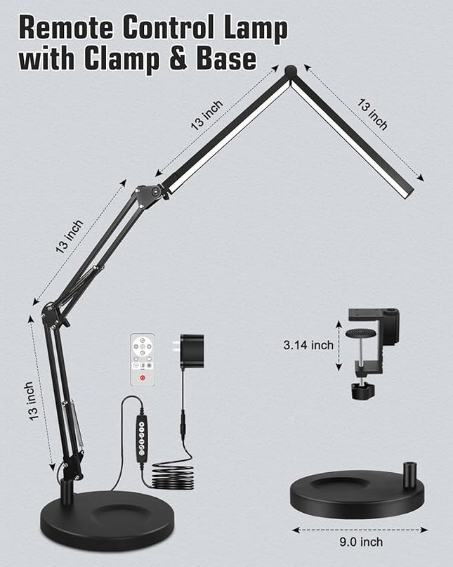 LED Desk Lamps for Home Office 2 in 1 Large Double Head Desk Lamp with Clamp & Base, Remote Control, Dimmable Architect Clip on Desktop Light Bar with Memory for Working, Crafting, Studying - LeafyLoom
