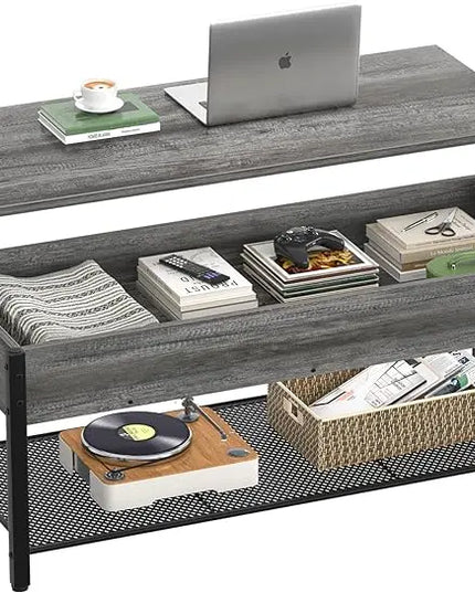 Homieasy Lift Top Coffee Table with Storage Shelf and Hidden Compartment, Modern Lift Top Table for Living Room, Wood Lift Tabletop, Metal Frame - Black Oak - LeafyLoom