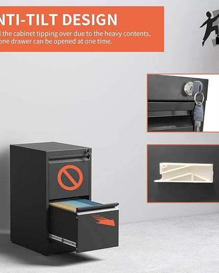 2 Drawer File Cabinet,Black Metal Filing Cabinets for Home Office,Vertical File Cabinet with Lock for A4/Letter/Legal Size Files,Assembly Required - LeafyLoom