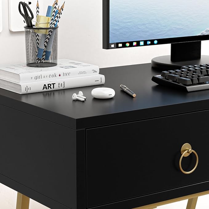 Anmytek Home Office Desk Black Writing Desk with 2 Drawers Modern & Simple Makeup Vanity Study Table Small Computer Desk, D0007 - LeafyLoom