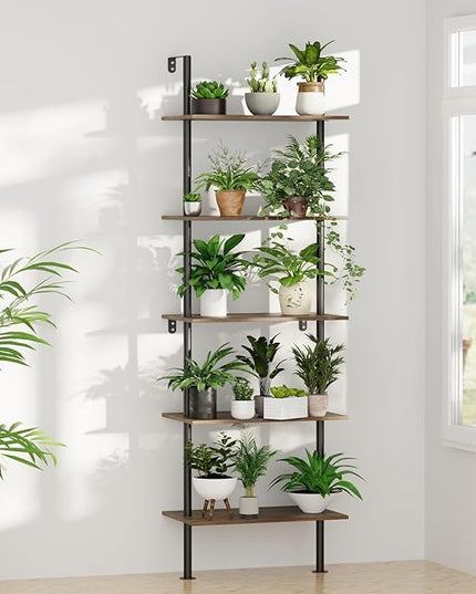 5 Tier Ladder Shelf Bookcase, Extra Sturdy Modern Bookshelf Wall Mounted, Tall Black Open Book Shelf, Standing Industrial Metal Frame with Wooden Shelves, 67“ (H) × 17(W) - LeafyLoom