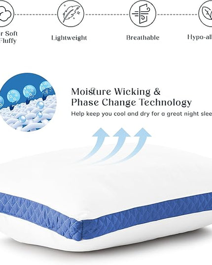 Lux Decor Bed Pillows for Sleeping - Pillows Queen Size Set of 2 - Hotel Quality Gusseted Down Alternative Pillows for Back, Stomach or Side Sleepers (Blue, 26x18) - LeafyLoom