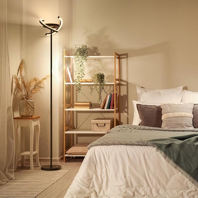 FIMEI Modern Black Metal Saturn Ring LED Floor Lamp, Stepless Dimming and Color Temperature Adjustment, Rotatable Lamp Head, Independent Control of Upwards Round Light and Outer Ring Light - LeafyLoom