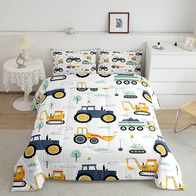 Tractor Comforter Set Queen, Cartoon Truck Bedding Set for Boys Girls Teens, Construction Tractor Down Comforter, Bulldozer Crane Equipment Duvet Set, Kawaii Vehicle Car Theme Comforter, Yellow Blue - LeafyLoom