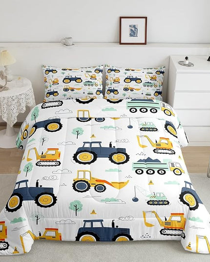 Boys Cartoon Car Bedding Set King, Excavator Tractor Comforter Set for Kids Teens, Equipment Trucks Quilted Duvet, Heavy Machinery Construction Bedding Comforter Sets with 2 Pillowcases Bedroom Decor - LeafyLoom