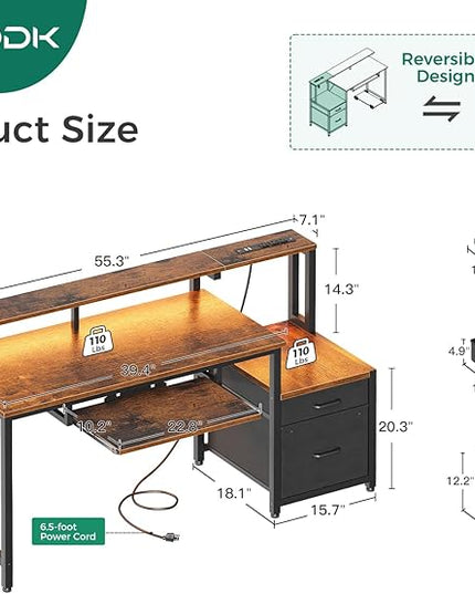 AODK 55 Inch Computer Desk with Power Outlets and LED Light, Reversible Office Desk with File Cabinet & Drawer, Gaming Desk with Keyboard Tray and Full Monitor Riser and PC Stand, Study Table, Vintage - LeafyLoom